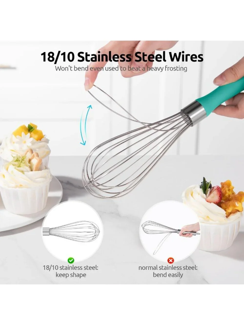 Heavy Duty Stainless Steel Balloon Whisk - 8 Wire Egg Beater for Baking